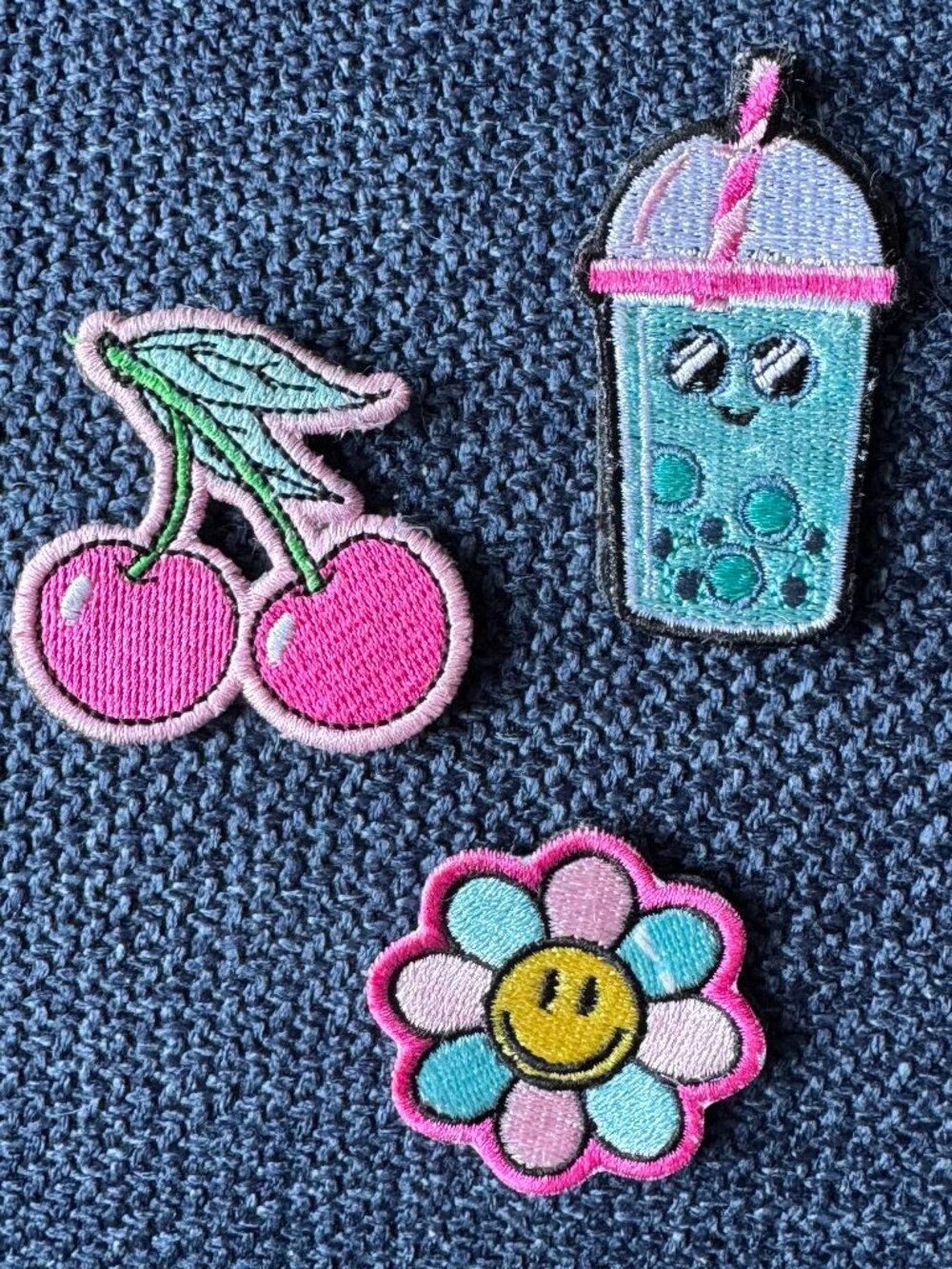 Embroidered Bag Patches Pink Hook & Loop (3) Cherries Flower Bubble Tea Boba